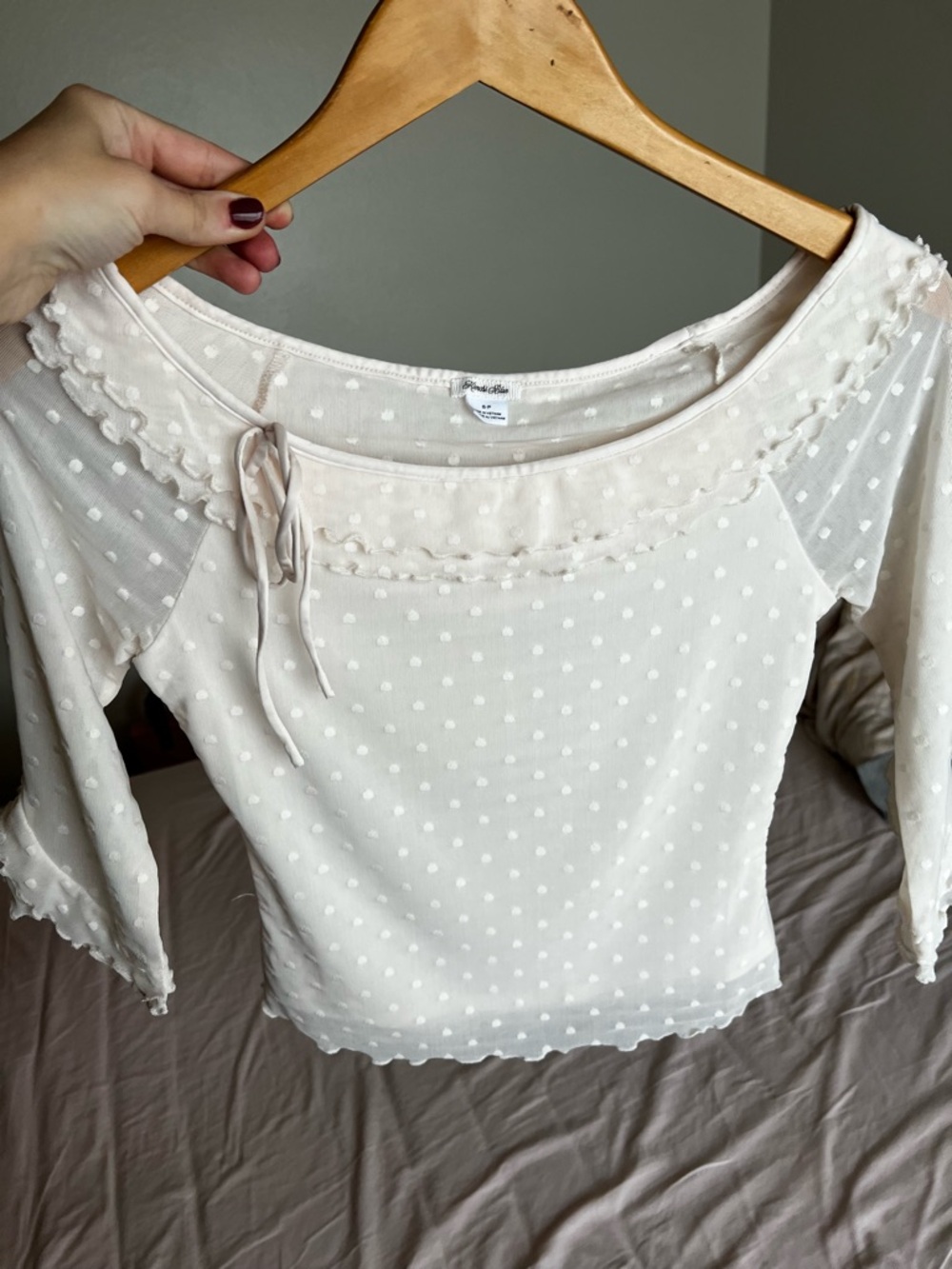 American Eagle Outfitters Light Cream Swiss Dot Lace-Trim Long Sleeve Top